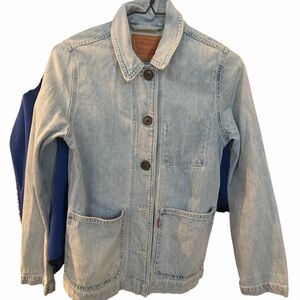 Levi's light blue denim shirt jacket with tan leather label